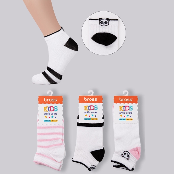 3 Pairs 3D Panda Girls Ankle Socks Size: ( 22 - 24 ) Age: 1-2 Years - Pink / White / Black