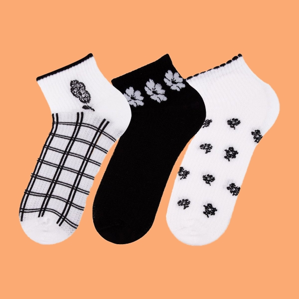 3 Pairs Floral Patterned Women Ankle Socks Asorty ( 36 - 40 ) - White / Black