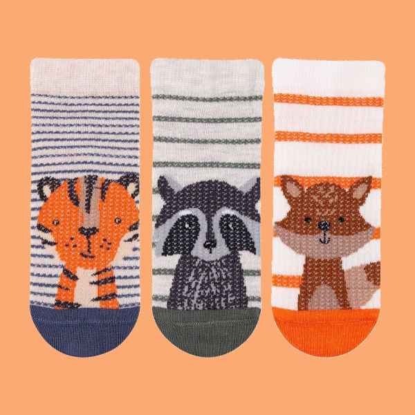 3 Pairs Fox , Tiger Boy Socks Size: (22 - 24) Age: 1-2 - Multicolor