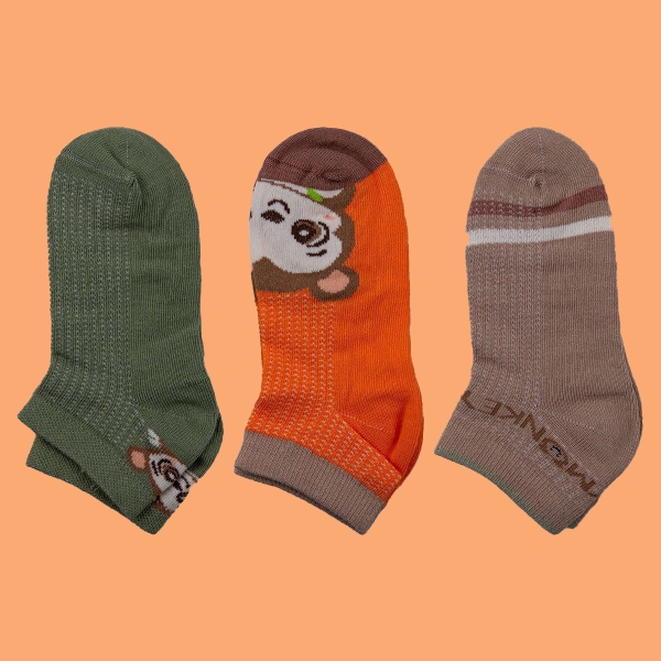 3 Pairs Monkey Patterned Boys Socks Asorty ( 34 - 36 ) Age: 8-10 Years - Light Brown / Orange / Khaki