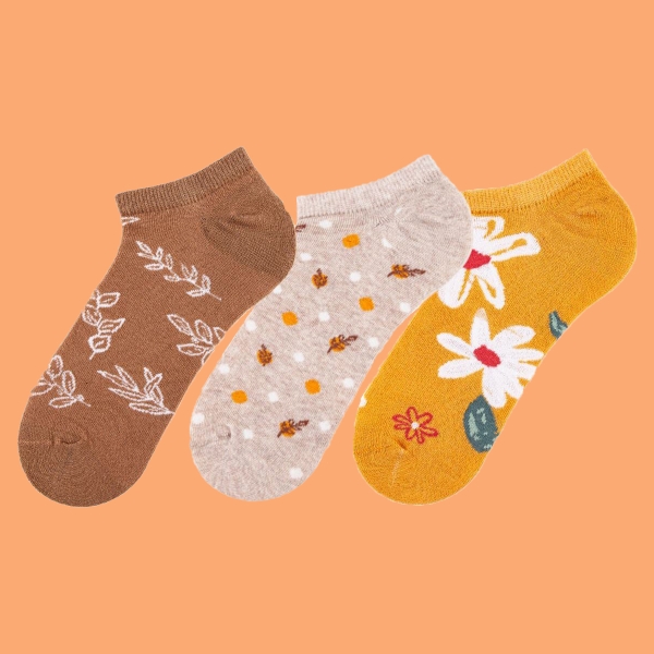 3 Pairs Floral Leaves Patterned Women Socks Asorty ( 36 - 38 ) - Mustard / Brown / Beige