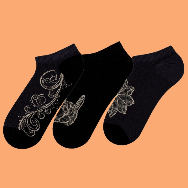 3 Pairs Bloom Patterned Women Socks Asorty ( 36 - 38 ) - Black / Beige / Gold