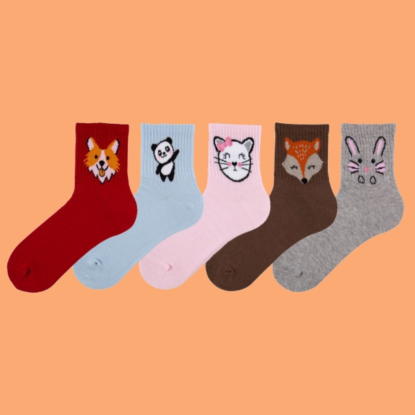 5 Pairs Women Design Animals Socks Patterned  ( 36 - 40 ) - Grey / Blue / Pink / Red / Light Brown