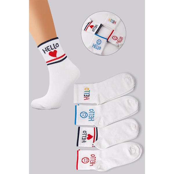 4 Pairs Women Hello & Smile Socks Heart Patterned  ( 36 - 40 ) - White