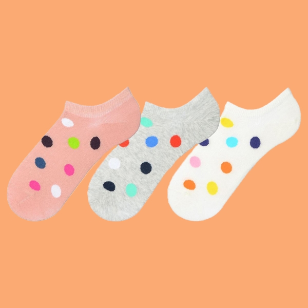 3 Pairs Point Patterned Women Sneaker Socks Asorty ( 36 - 40 ) - Off White / Powder Pink / Grey