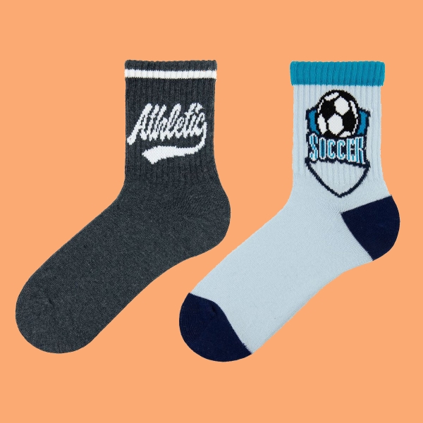 2 Pairs Boy Sport Socks MID-CALF Size: (25- 27) Age: 2-4 - Blue / Grey
