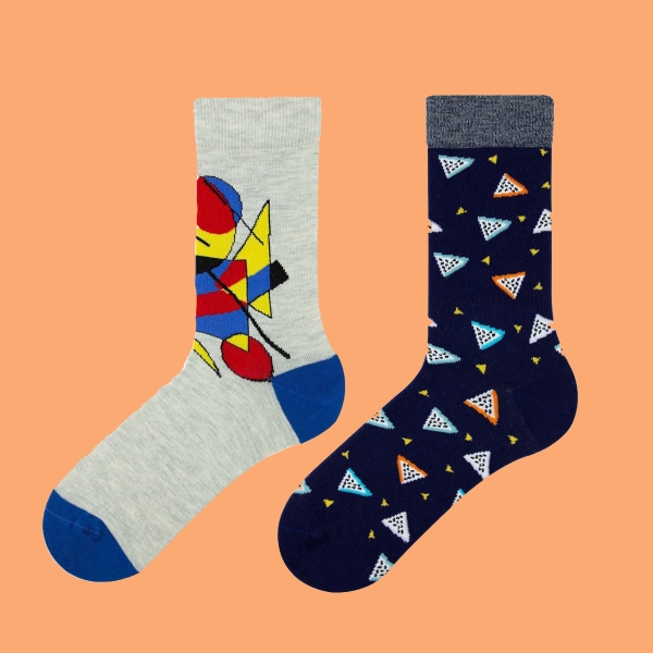 2 Pairs Geometry Themed Teenage Mens Socks Assorted Size (37 - 39 )  -  Blue / Grey