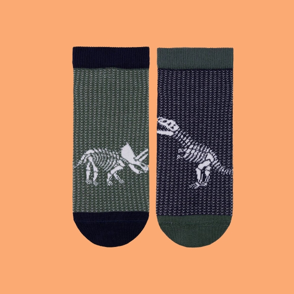 2 Pairs Fossil Patterned Boys Ankle Socks Asorty ( 31 - 33 ) Age: 6-8 Years - Navy Blue / Green