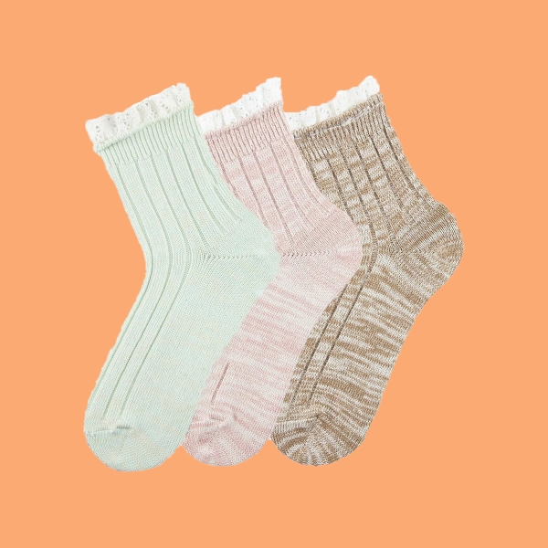 3 Pairs Ribbed Patterned Women Socks Asorty ( 37 - 39 ) - Mint / Brown / Pink