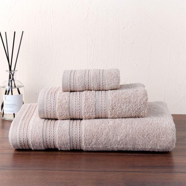 3 Pieces Stylish Premium Cotton Towel Set - Beige