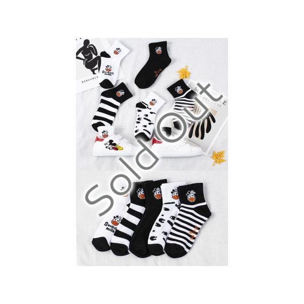 5 Pairs Cow Pattern Children Socks 2 - 3 Years - Black / White