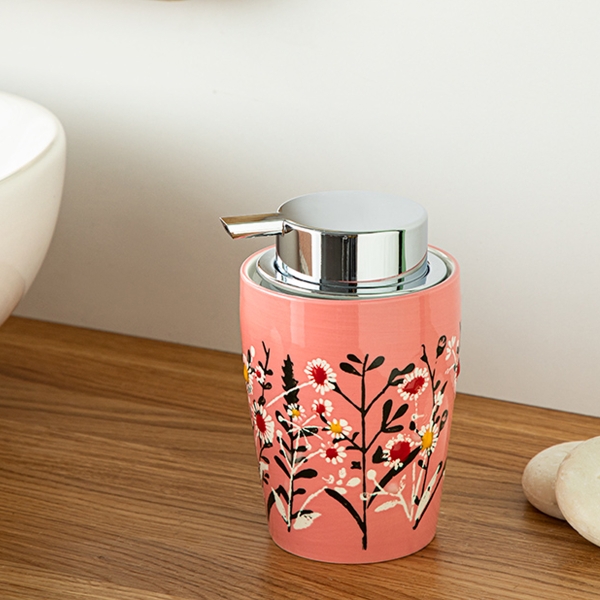 Flowery Bathroom Liquid Soap Dispenser 8.5 x 8.5 x 13 Cm - Pink