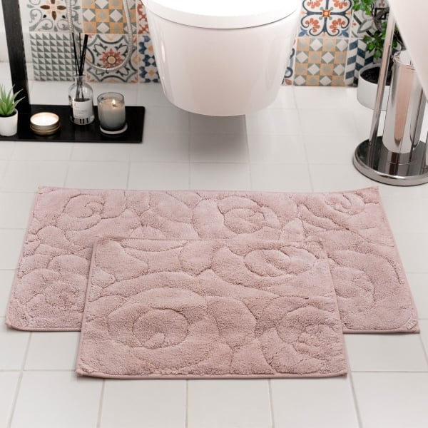 2 Pieces Gilly Flower Elegant Bath Mat Set 50 x 80 - 50 x 40 cm - Powder Pink