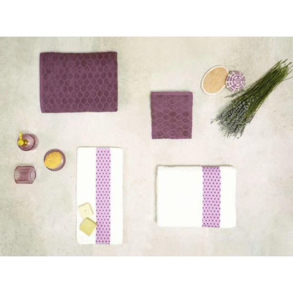 4 Pieces Lossi Towel Set  - Off White / Plum