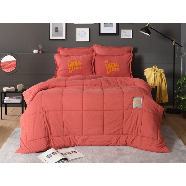 4 Pieces Motto Cotton Comfort Double Bedspread Set 200 x 220 cm - Coral Red