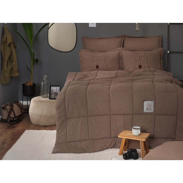 4 Pieces Motto Cotton Comfort Double Bedspread Set 200 x 220 cm - Brown