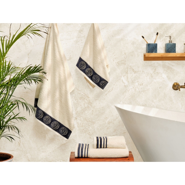 4 Pieces Minka Cotton Towel Set - Off White / Navy Blue