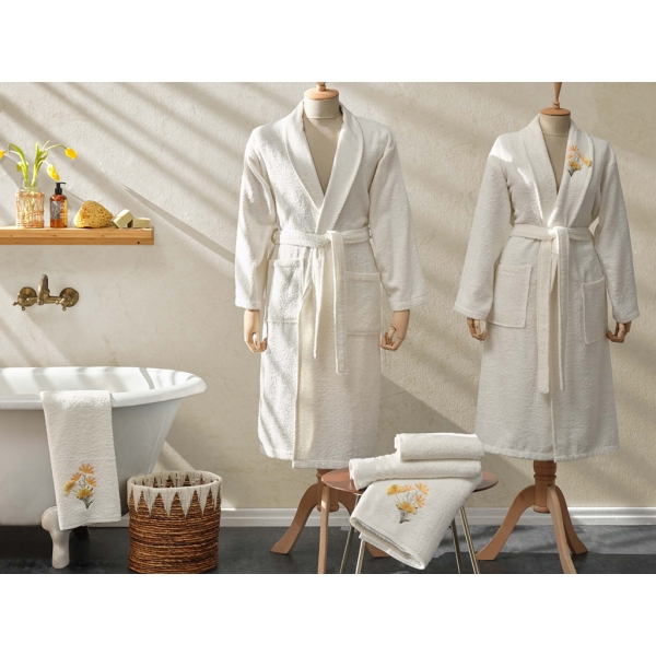 6 Pieces Flower 3D Embroidered Family Bathrobe Set - Off White / Yellow