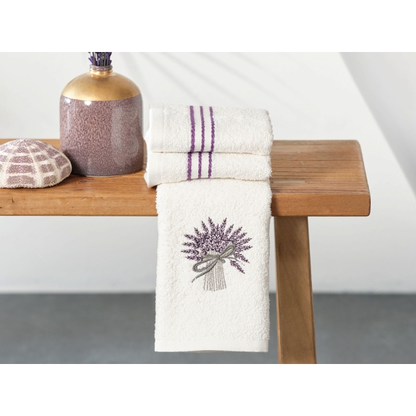 3 Pieces Lavender Cotton Hand Towel Set 30 x 50 cm - White