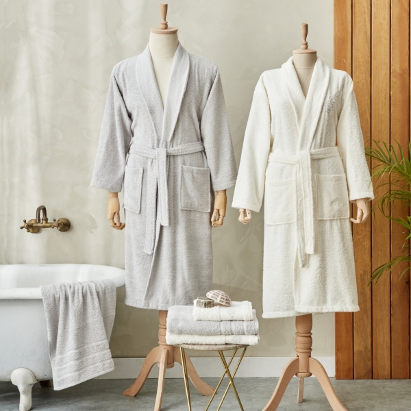 6 Pieces Cecilia Cotton Bathrobe Set - White / Grey