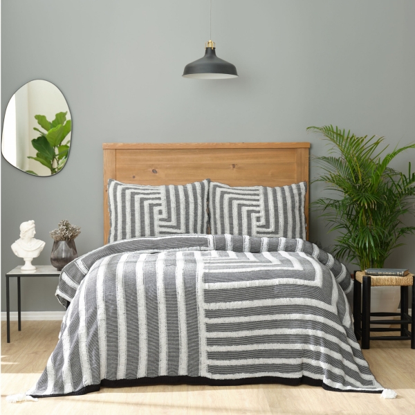 3 Pieces Fois Knitwear Double Bedspread Set 200 x 220 cm - Black / White