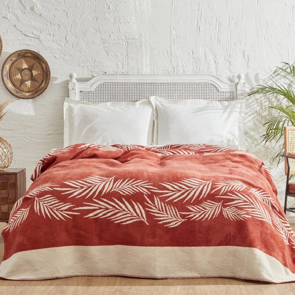 Leaf Cotton Double Blanket 200 x 220 cm - Terracotta