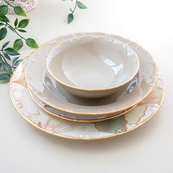 24 Pieces Liana Gingko Biloba Porcelain Dinner Set - Gold / Cream