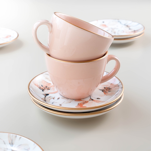 6 Pieces Flowers Porcelain Teacup Set 210 ml - Pink