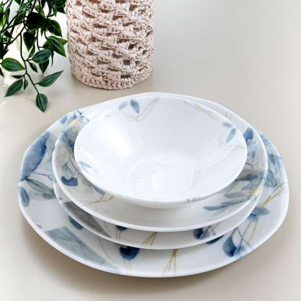 24 Pieces Organic Porcelain Dinner Set - Blue / Gold / Cream