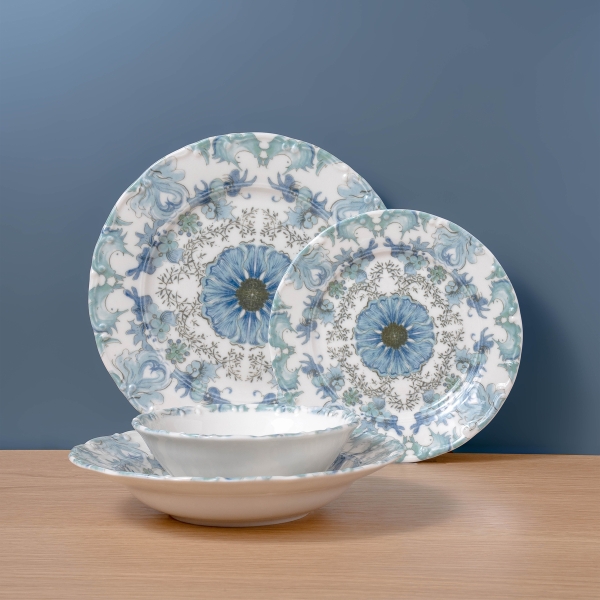24 Pieces Liana Bloom Porcelain Dinner Set - Turquoise / Blue / Navy Blue / Cream