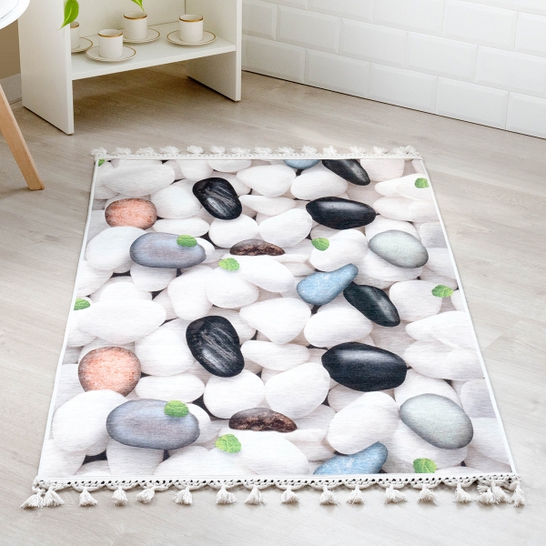 Mango Sea Stones 120 x 180 cm Cotton 3D Printed Decorative Carpet - White / Black / Green / Blue