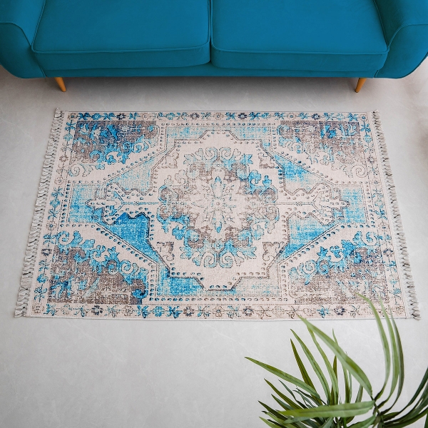 Mango Ensley 200 x 290 cm Cotton 3D Printed Decorative Carpet - Blue / Beige / Mink