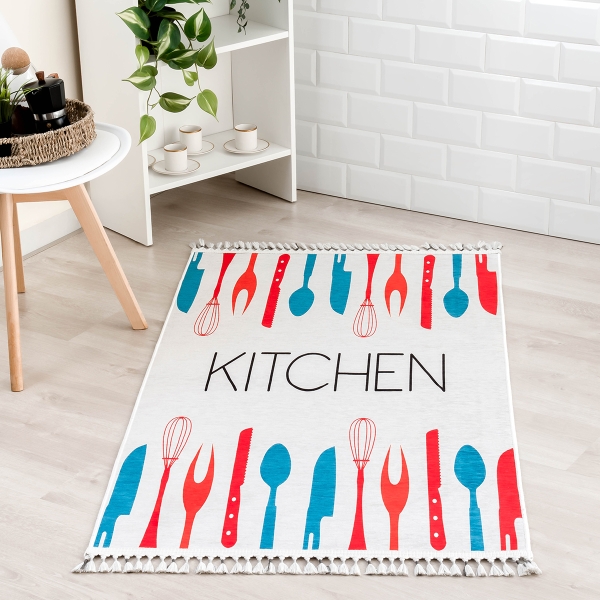 Mango Kitchen 120 x 180 cm Cotton 3D Printed Decorative Carpet - Red / Off White / Dark Blue