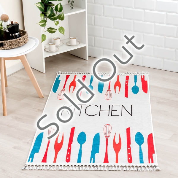 Mango Kitchen 120 x 180 cm Cotton 3D Printed Decorative Carpet - Red / Off White / Dark Blue