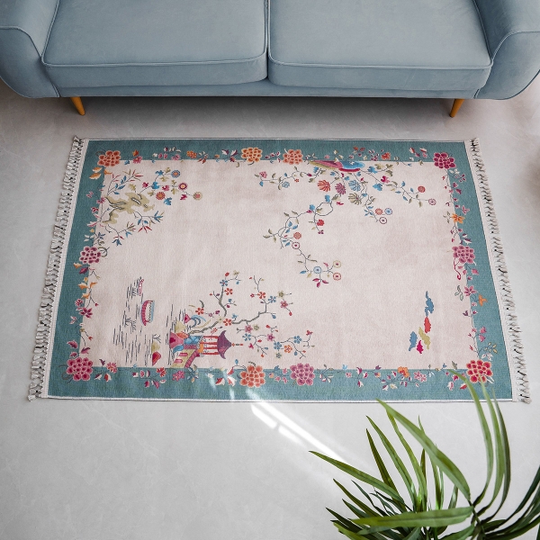 Mango Vida 200 x 290 cm Cotton 3D Printed Decorative Carpet - Mint / Cream / Dried Rose / Blue