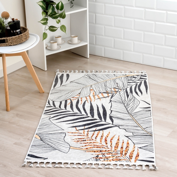 Mango Leafy 200 x 290 cm Cotton 3D Printed Decorative Carpet - Off White / Anthracite / Amber / Black
