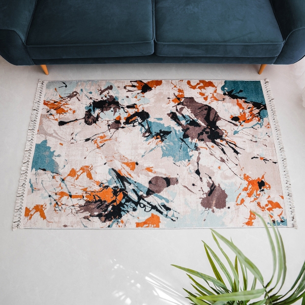 Mango Tris 200 x 290 cm Cotton 3D Printed Decorative Carpet - Off White / Burnt Orange / Mint / Beige