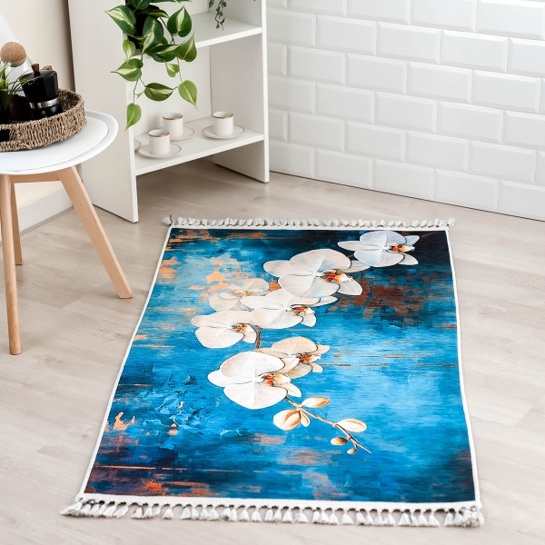 Mango Orchid 200 x 290 cm Cotton 3D Printed Decorative Carpet - Navy Blue / Orange / Blue / Beige