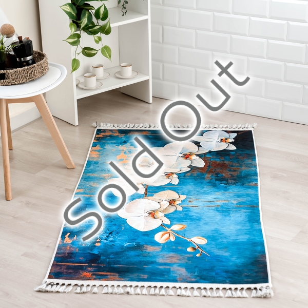 Mango Orchid 120 x 180 cm Cotton 3D Printed Decorative Carpet - Navy Blue / Orange / Blue / Beige