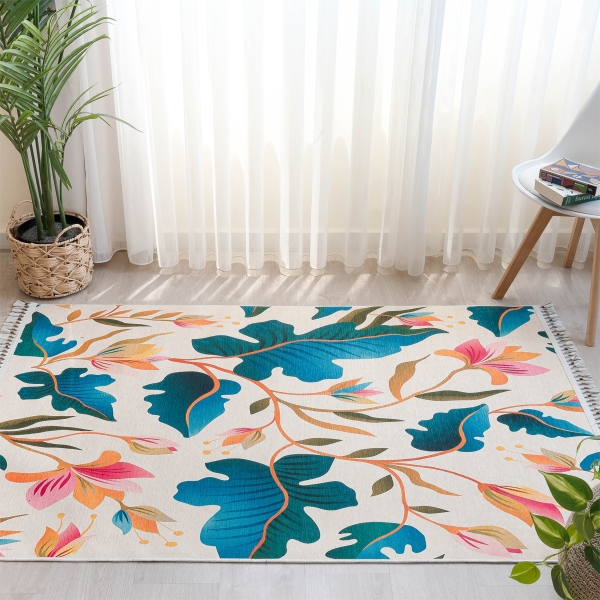 Mango Lily 200 x 290 cm Cotton 3D Printed Decorative Carpet - Beige / Green / Orange / Pink