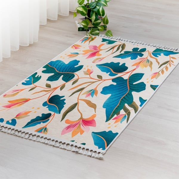 Mango Lily 80 x 150 cm Cotton 3D Printed Decorative Carpet - Beige / Green / Orange / Pink