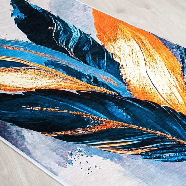 Mango Feathers 80 x 150 cm Cotton 3D Printed Decorative Carpet - Navy Blue / Amber / Cream / Blue