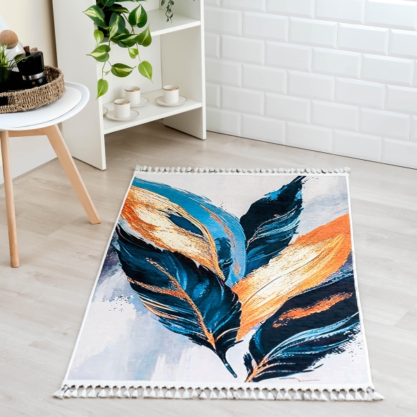 Mango Feathers 200 x 290 cm Cotton 3D Printed Decorative Carpet - Navy Blue / Amber / Cream / Blue