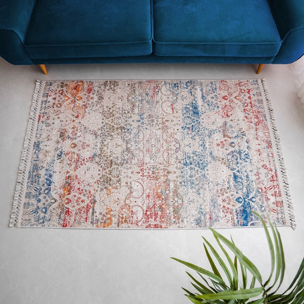 Mango Vitinia 200 x 290 cm Cotton 3D Printed Decorative Carpet - Beige / Navy Blue / Red / Orange