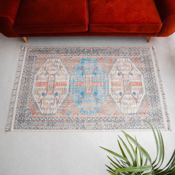 Mango Astrid 200 x 290 cm Cotton 3D Printed Decorative Carpet - Blue / Salmon / Beige / Light Brown