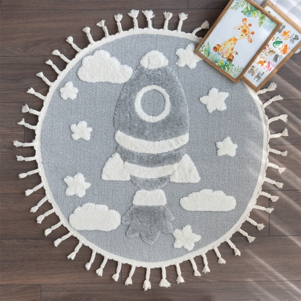 Katy Space Rocket 100 x 100 cm Round Zymta Winter Carpet - Cream / Grey