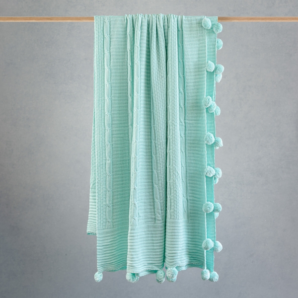 Pom Pom Knitted Double Blanket 220 x 240 cm - Mint