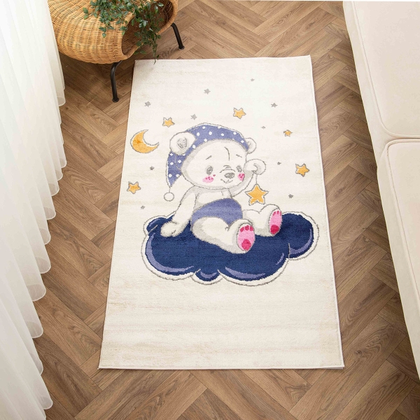 Amsterdam Bear Stars 80 x 150 Cm Zymta Kids Winter Carpet - Off white / Indigo / Mustard