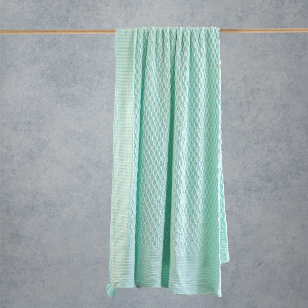 Polka Double Pompom Knitted Blanket 220 x 240 cm - Aqua Green / White