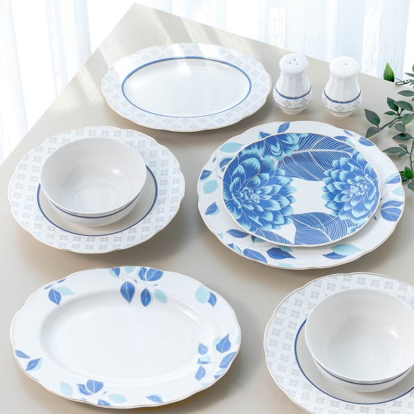 53 Pieces Olympos Bone Dinner Set - White / Navy Blue